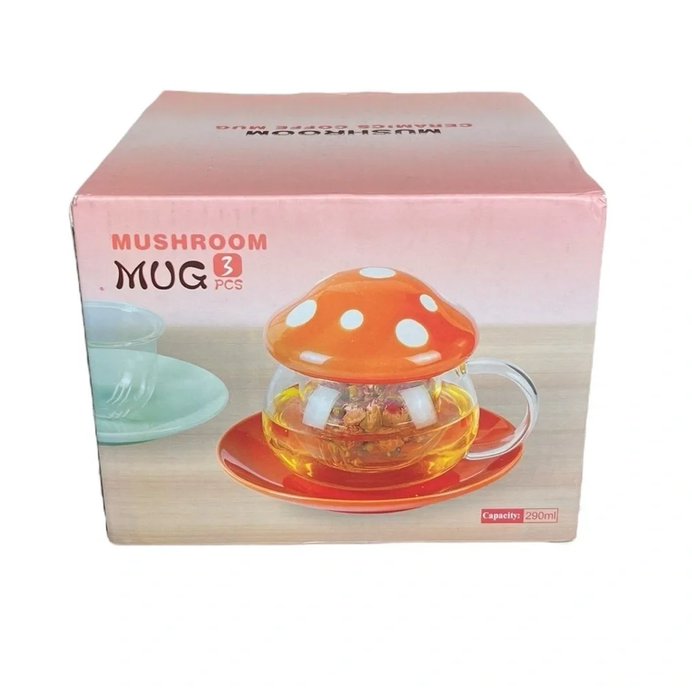 NIB Blue Mushroom Glass Tea Cup With Infuser Lid Saucer